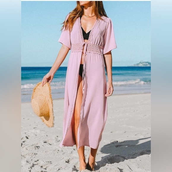 CUPSHE WOMEN'S PINK SWIMMING COVERUP CROCHET SELF TIE WAISTED MAXI DRESS SMALL - Picture 1 of 11
